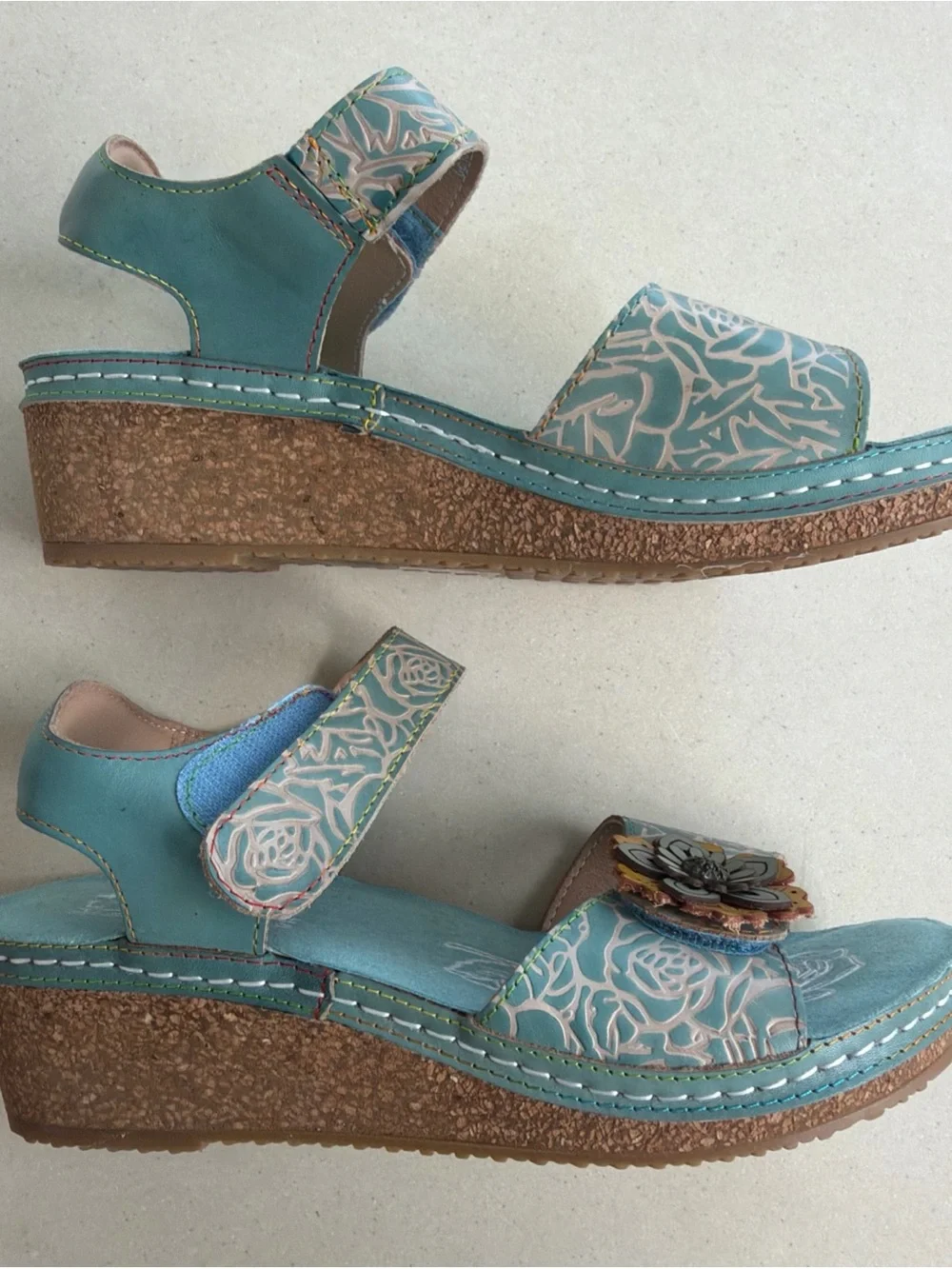 New L'Artiste by Spring Step Leather Wedge Teal Sandals Cuteness Sz 38, US 7.5~8